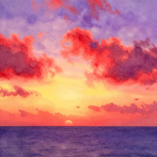 Digital painting of a vibrant sunset sky with intense red and orange clouds, fading into a purple and blue horizon over a calm sea.