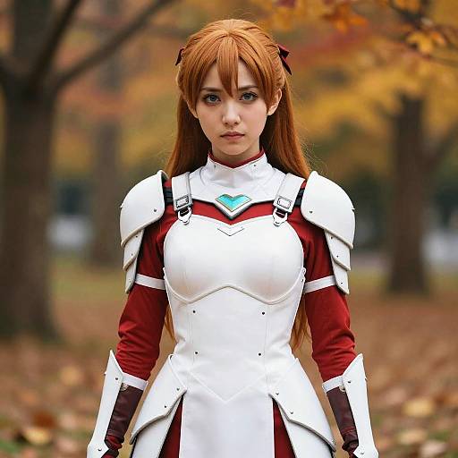 Digital art of an anime-style woman with red hair in white and red armor, standing in a blurred autumn forest.