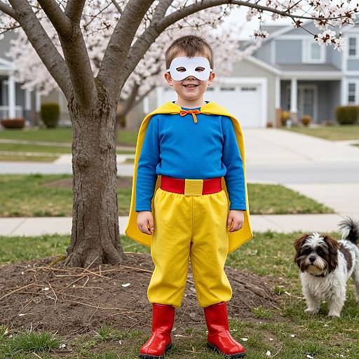 Cheerful Boy in Colorful Hero Costume