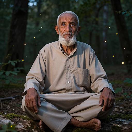 Photograph of an elderly Indian man with a white beard, wearing a beige kurta, sitting cross-legged in a forest at dusk, surrounded by tiny
