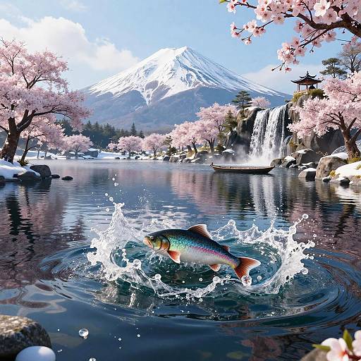 Fantasy Winter Landscape with Cherry Blossoms