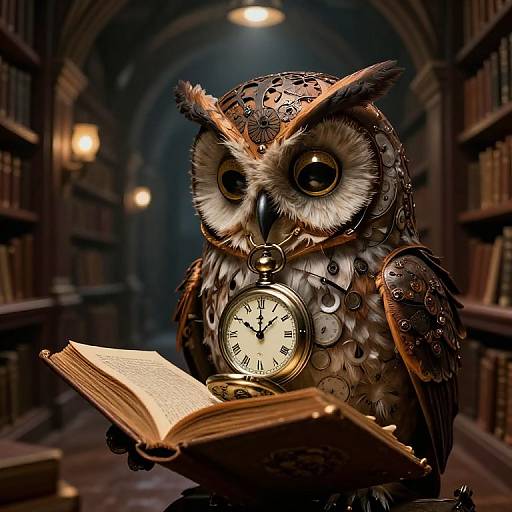 Photorealistic CGI of an owl with clock and watch details, reading an open book in a dim, arched library.