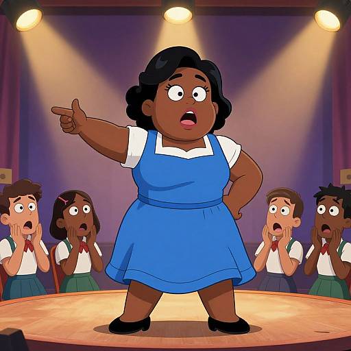 Digital cartoon of a dark-skinned, curvy woman in a blue dress, pointing dramatically on stage, with surprised classmates in green and white school uniforms