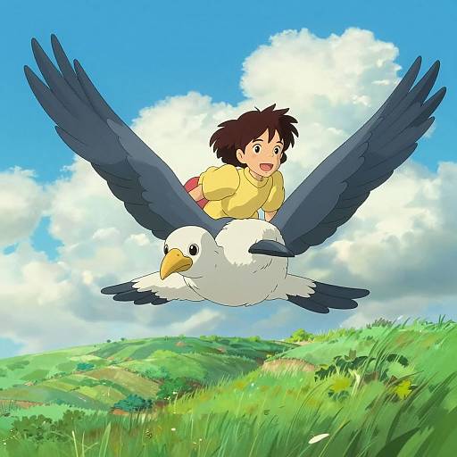 Anime-style drawing: A brown-haired child in a yellow shirt rides a white bird with large blue wings soaring over a green, grassy hill under a