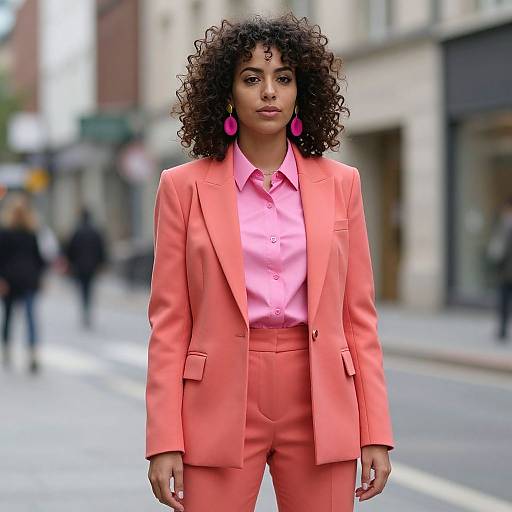 Photograph of a confident Black woman with curly hair, wearing a vibrant pink suit and matching pink shirt, pink earrings, standing on a city street.
