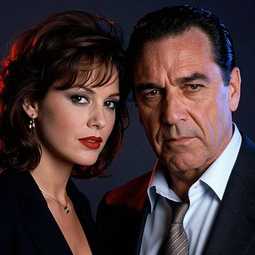 Photograph of a serious middle-aged man with dark hair and a woman with short brown hair and red lipstick, both wearing formal attire against a dark background