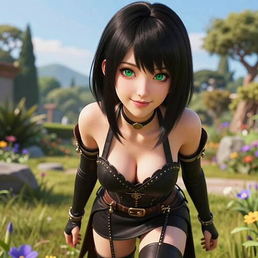 Digital anime-style image of a black-haired, green-eyed woman with large breasts, wearing a black, strapless, revealing outfit, kneeling in a sun