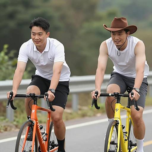 Two Men Cycling on Road with Colorful Bikes