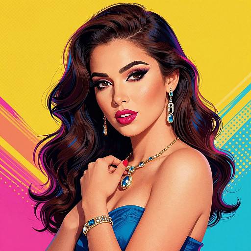 Digital pop art portrait of a beautiful woman with long, wavy dark hair, red lipstick, blue strapless top, and vibrant jewelry, set against