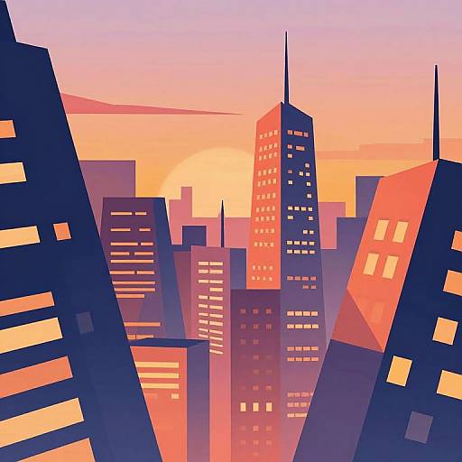Digital illustration of a vibrant cityscape at sunset, featuring geometrically stylized skyscrapers in shades of blue, red, and orange, with glowing