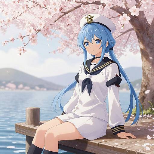 Anime-style drawing of a blue-haired girl in a white sailor uniform, sitting on a wooden dock under cherry blossoms, with a calm lake and mountains