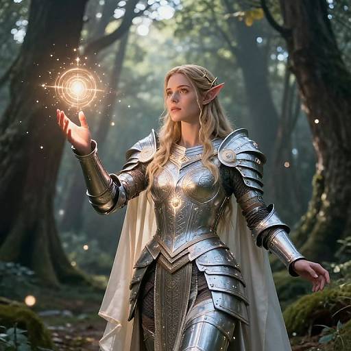 Ethereal elf woman in shimmering silver armor, with pointed ears, holds a glowing magical orb in a mystical forest. Digital art.