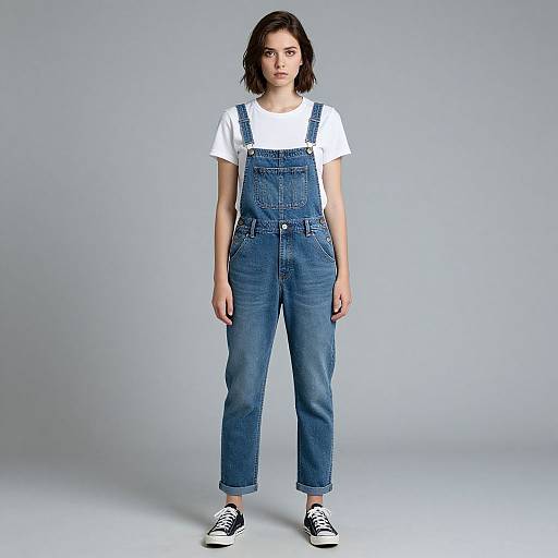 Photograph of a young woman with shoulder-length dark hair, wearing a white t-shirt and blue denim overalls, standing against a plain gray background,