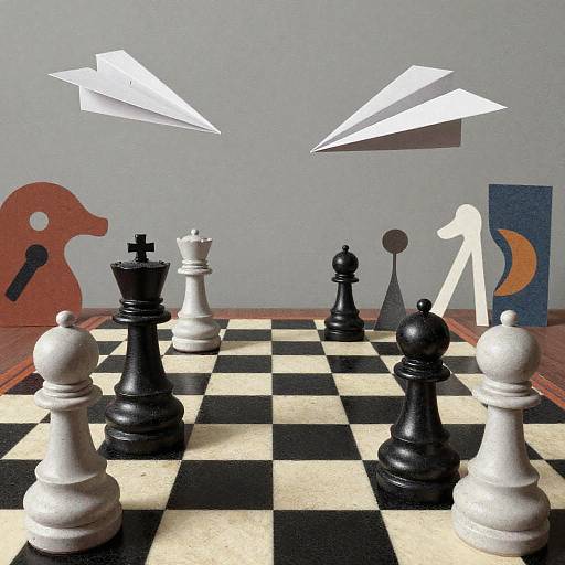Photograph of a black-and-white chessboard with large checkered pieces, accompanied by white paper airplanes and abstract wooden and paper cutouts in the background