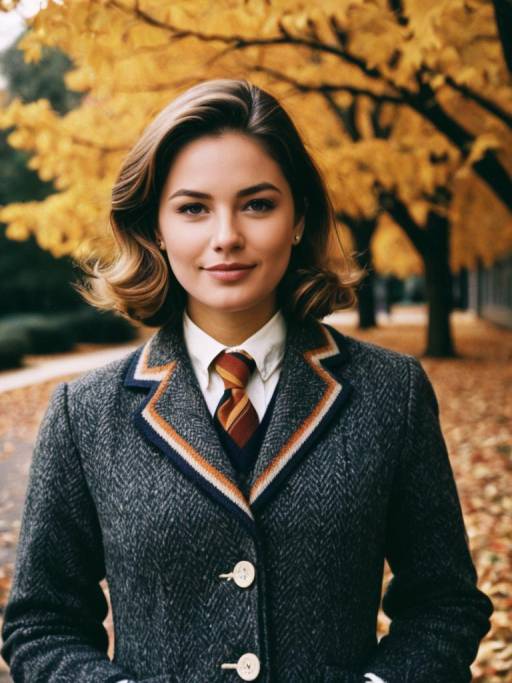 Woman in Preppy Fall Outfit with Autumn Leaves