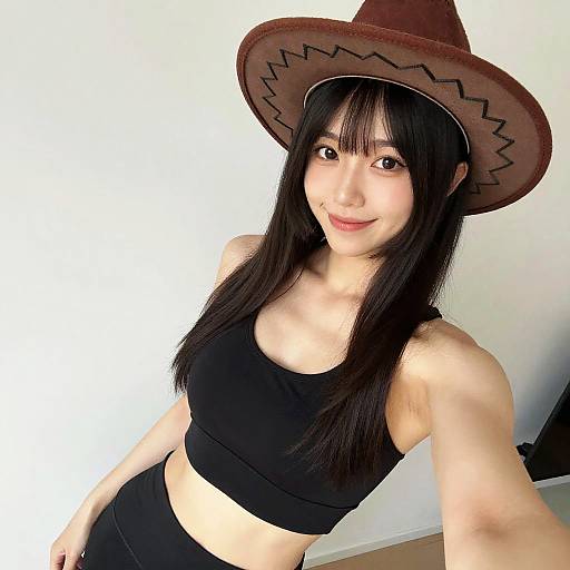 Asian woman with long black hair, wearing a brown zigzag-patterned cowboy hat and black sports bra, smiling at the camera.