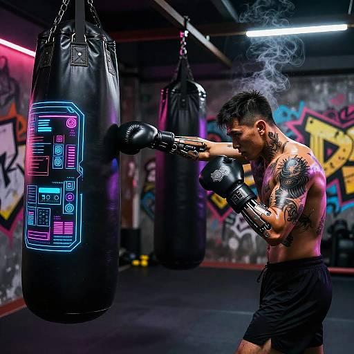 Tattooed, muscular man with short black hair punches glowing black punching bag in neon-lit, graffiti-covered gym. Smoke rises from his punch