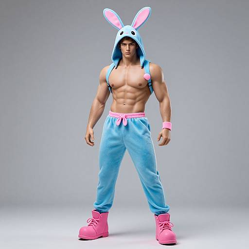 Muscular man in blue bunny hoodie, pink pants, and pink boots, standing confidently with a gray background. (CGI image)