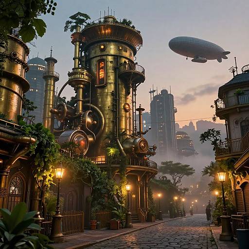 Steampunk cityscape at dusk with brass towers, glowing lanterns, misty air, and a flying airship. Cobblestone street lined