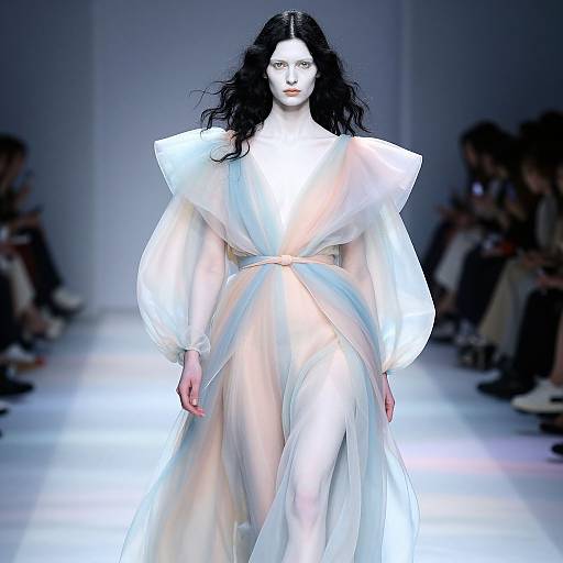 Photograph of a pale-skinned model with long black hair, wearing a white, high-collared, puffed-sleeve, flowing dress