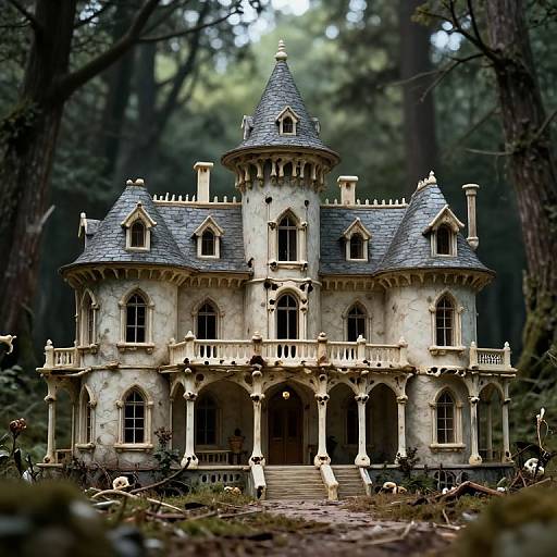 Photograph of a detailed, Gothic-style, white stone mansion with turrets, arched windows, and a circular tower, nestled in a dense,