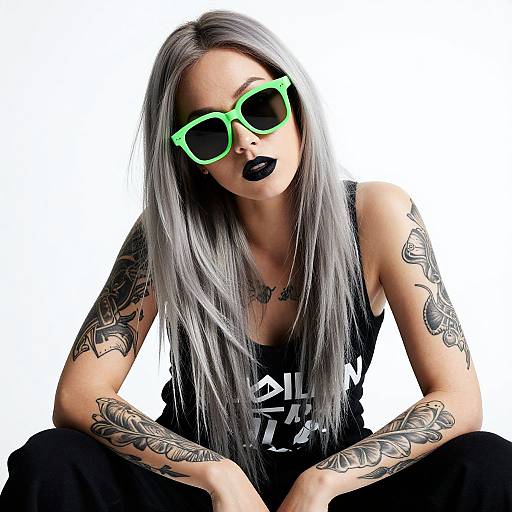 Tattooed Woman with Neon Visor Sunglasses