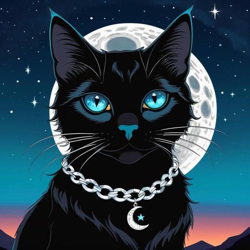 Black Cat with Cyan Eyes Under Full Moon