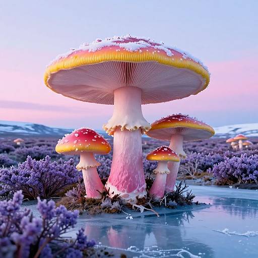 Surreal Frosty Tundra with Pink Mushrooms