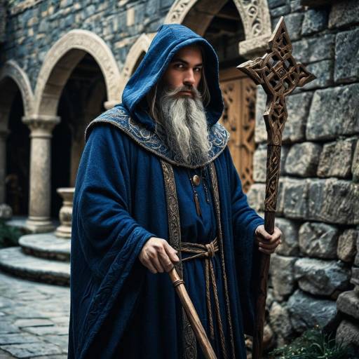 Fantasy Wizard in Blue Hooded Robe with Carved Staff