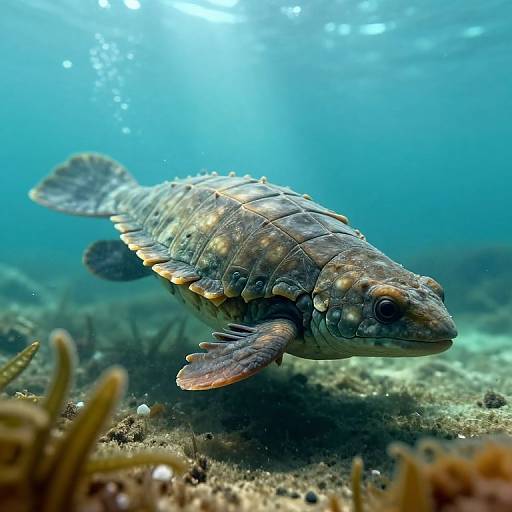 Photograph of a textured, brown sea turtle with yellow spots swimming underwater, surrounded by coral and seaweed, bathed in blue light.