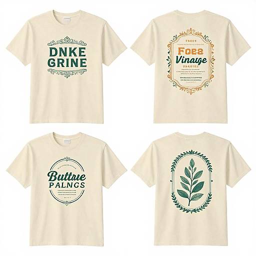 Photograph of four beige T-shirts with vintage-style text and designs in black, orange, and green, arranged in a 2x2 grid.