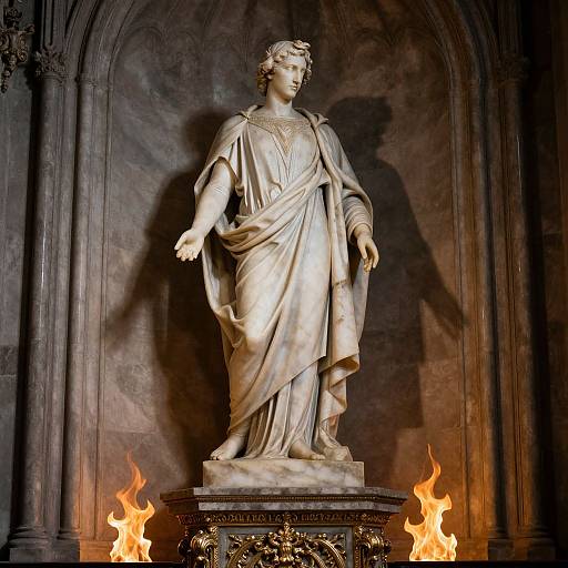 Photograph of a classical marble statue of a robed woman, standing on a pedestal with flames at its base, set against a dark, arched