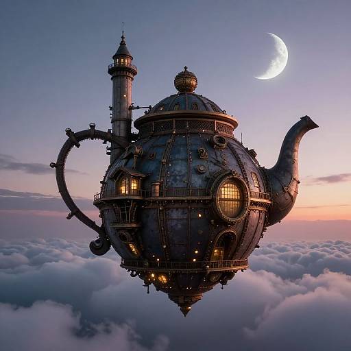 Steampunk tea ship with intricate details and glowing windows floats among clouds under a crescent moon at twilight.