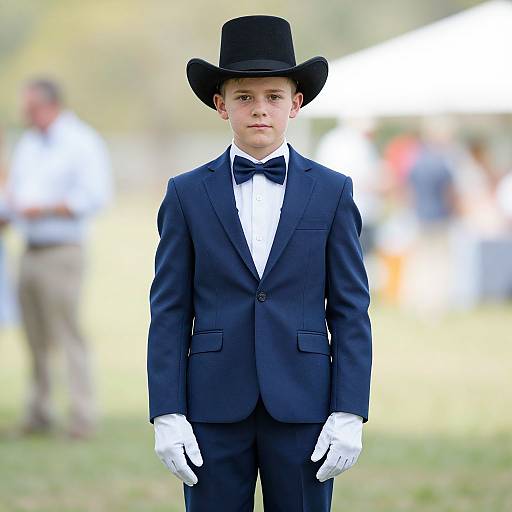 Photograph of a young boy in a black tuxedo, bow tie, white gloves, and top hat, standing outdoors with a blurred background of