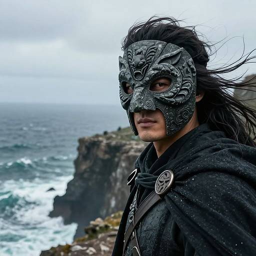 Photograph of a masked, dark-haired man in black cloak with intricate silver emblem, standing on rocky cliff overlooking stormy ocean.