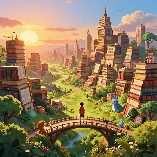 Digital artwork: A child in red stands on a wooden bridge in a vibrant, book-filled cityscape at sunset, surrounded by colorful plants, and whims