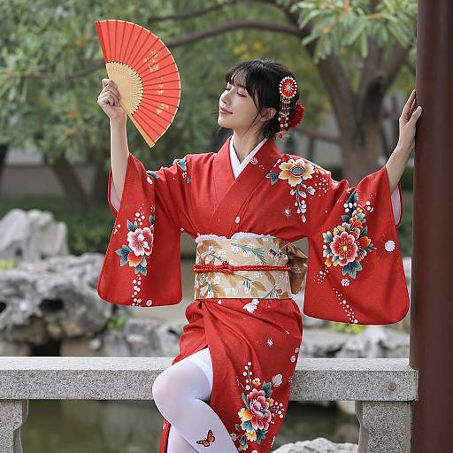 Elegant Asian Woman in Floral Kimono