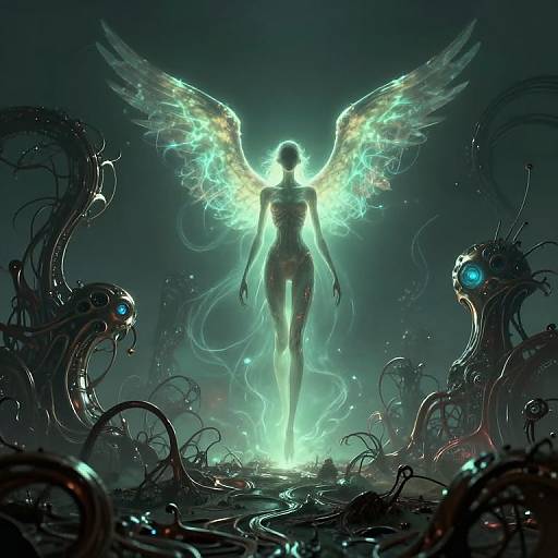 Digital fantasy artwork: Glowing, winged angel silhouette stands center, surrounded by dark, twisted, tentacle-like creatures with glowing blue eyes.