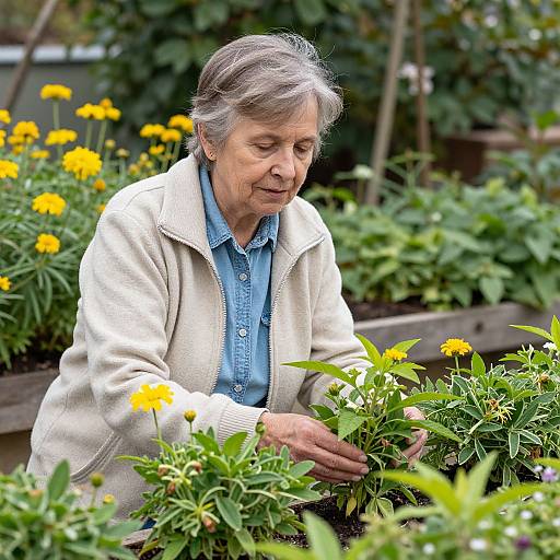 Senior Woman Gardening Among Blooming Flowers