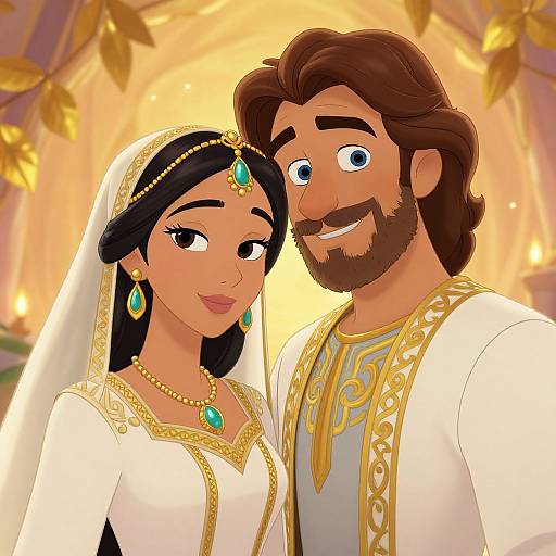 Digital illustration of a smiling brown-bearded man and dark-haired woman in traditional white and gold wedding attire, with jeweled headpieces and earrings, standing
