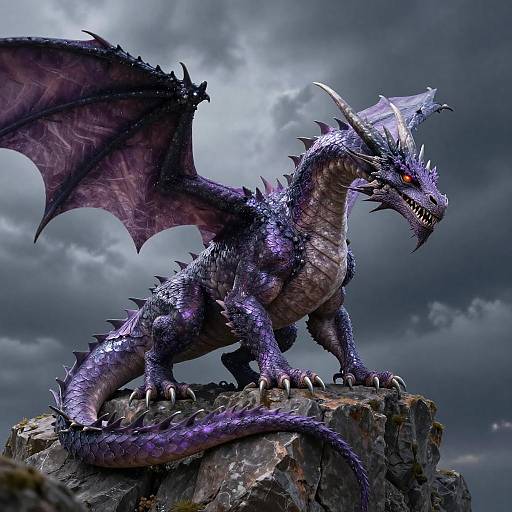 Digital artwork of a fierce, purple-scaled dragon with glowing red eyes, sharp claws, and large wings, standing on a rocky cliff under a storm
