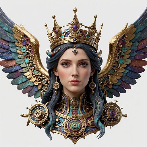Digital art of a regal woman with long blue hair, golden wings, and ornate crown and jewelry, set against a white background.