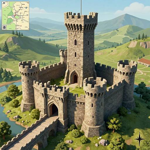 CGI image of a medieval stone castle with crenellated towers, set in a lush green valley with rolling hills. Map inset in top left