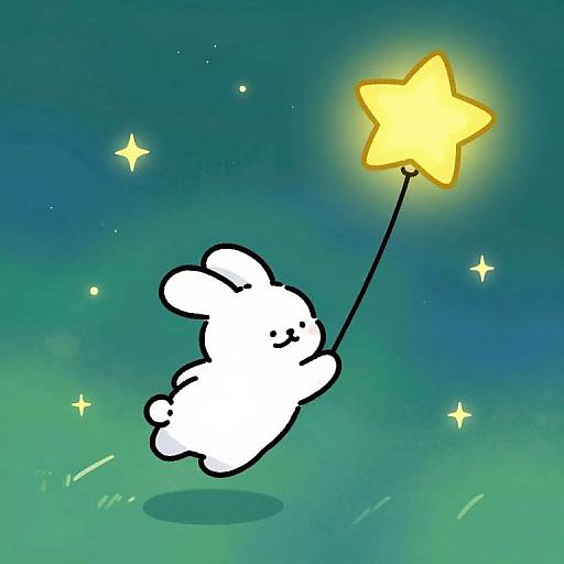 Cartoon white cloud holding a glowing yellow starstick in a vibrant green-blue night sky with small twinkling stars. Digital art.