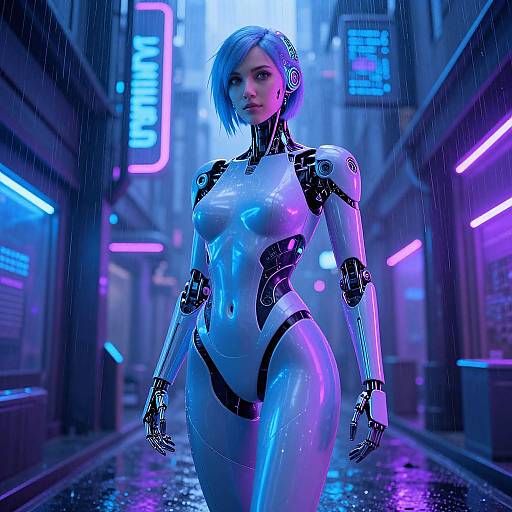 Digital artwork of a blue-haired, futuristic, cybernetic woman with glowing neon lights in a rain-soaked, neon-lit urban alleyway.