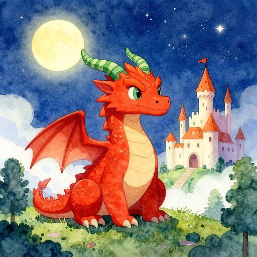 Watercolor illustration of a cute, red dragon with green horns and wings, sitting on a grassy hill under a full moon, with a castle in