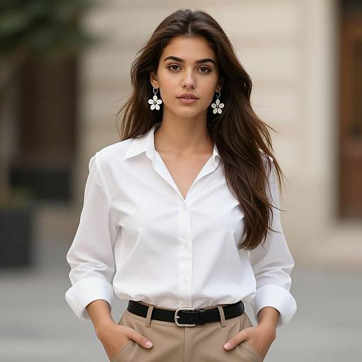 Photograph of a young woman with long brown hair, wearing a white button-up shirt, beige pants, black belt, and white floral earrings, standing