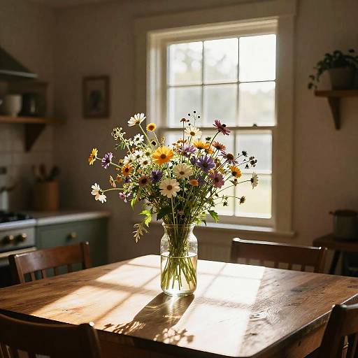 Photograph of a sunlit kitchen with a wooden table holding a glass vase of colorful wildflowers, casting soft shadows.