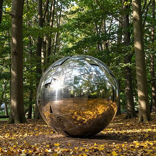 Photograph of a large, reflective, clear glass sphere on a forest floor, surrounded by tall trees and scattered autumn leaves.