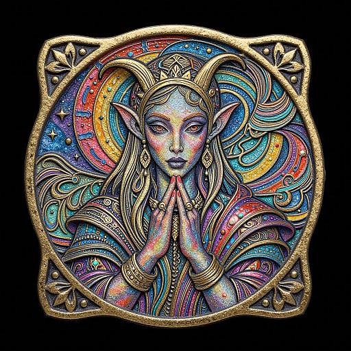 Vibrant digital painting of a blue-skinned, elf-like woman with long hair, gold horns, and praying hands, surrounded by colorful, swirling